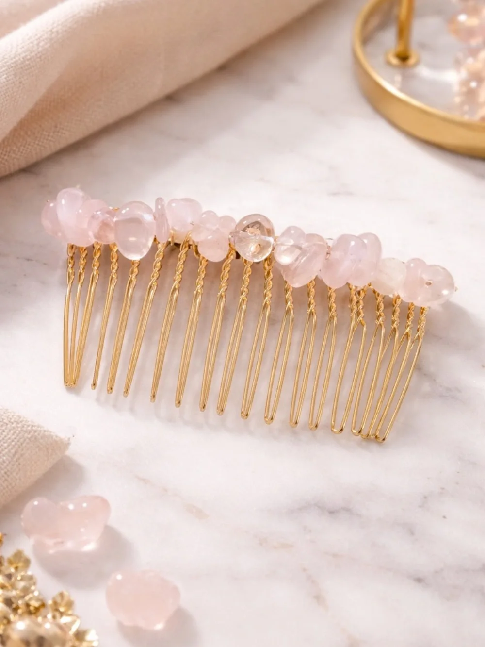 Vintage Gold Hair Comb with Pink Rose Quartz Beads